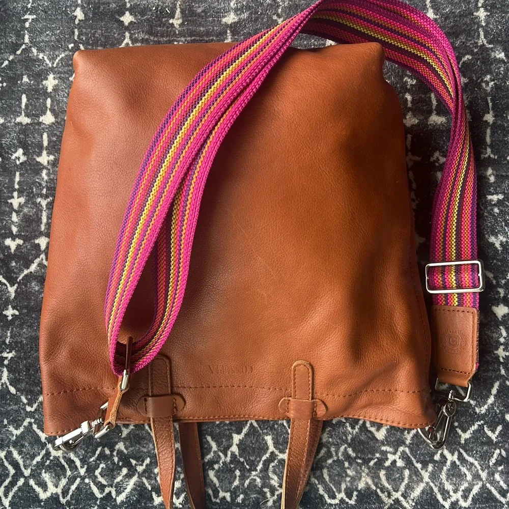 Consuela Brown Leather Tote with Colorful Embroidered Pouch - Picture 4 of 8